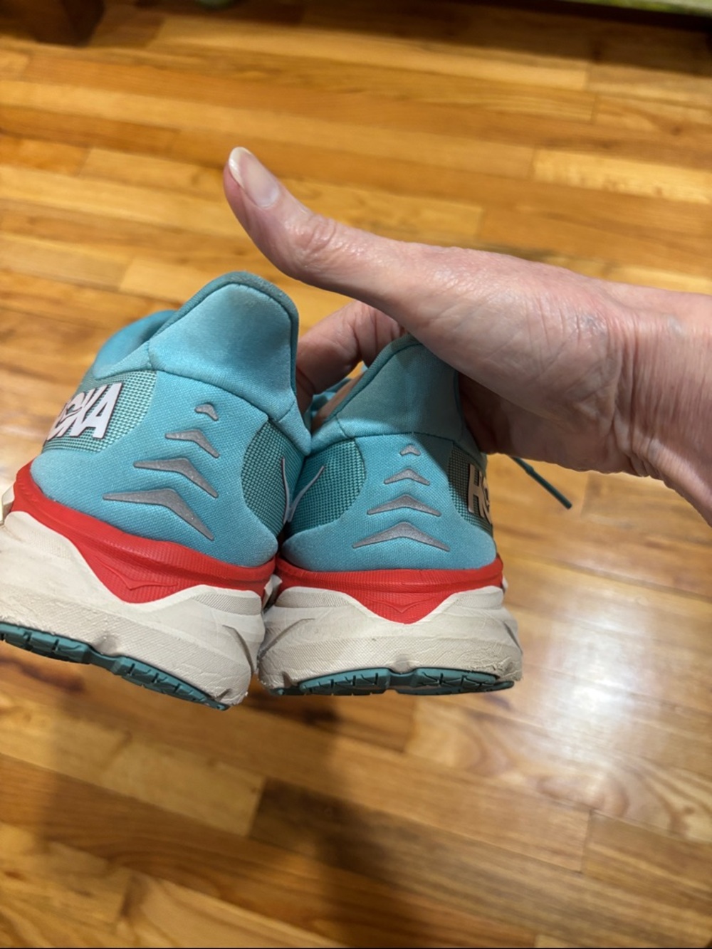 Hoka Clifton Blue Running Shoes with Coral accents - Picture 3 of 11